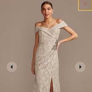 Alex Evenings Off The Shoulder Lace Gown With Embellished Detail (Taupe)